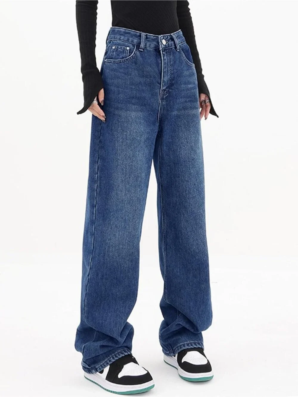 Women's Classic Blue Denim Y2k Straight Leg Button Zip High Waisted Baggy Jeans